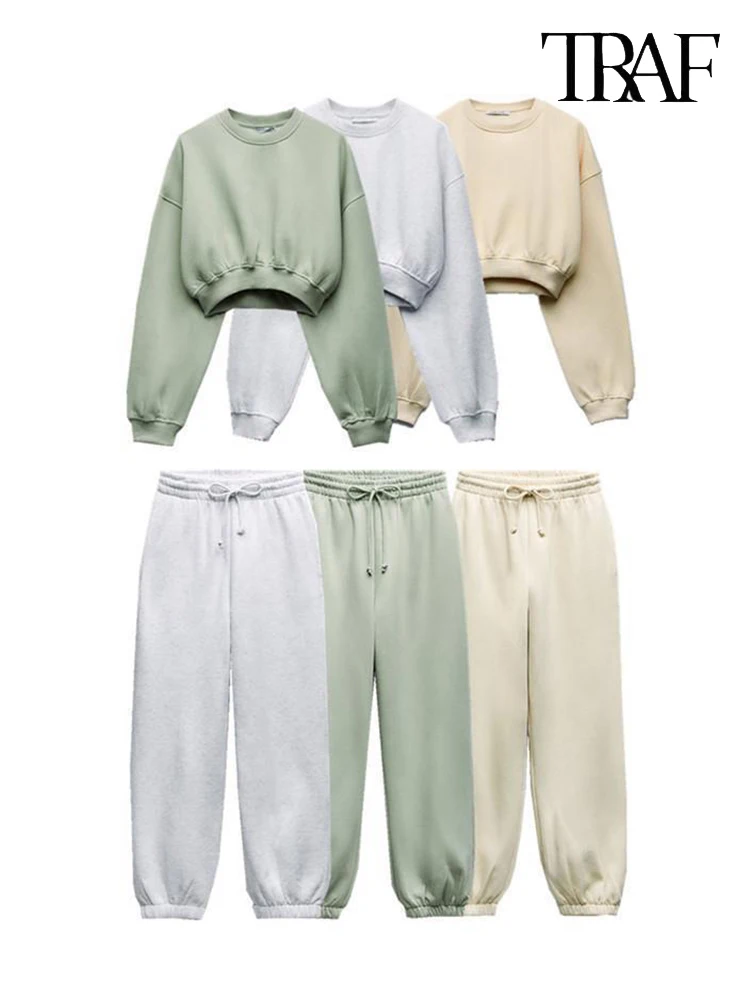 TRAF Women's Basic Solid Color Cotton Stretch Suit Casual Sweatshirt Lace-Up Pants Sweatsuit Urban Fashion Women's Sweatsuit