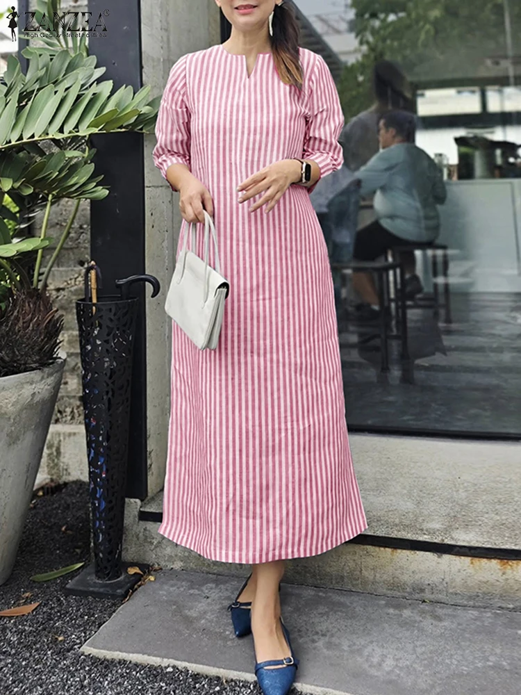 2025 outono vestidos listrados zanzea moda feminina com decote em v manga longa vestido de trabalho elegante escritório ol vestido maxi longo robe