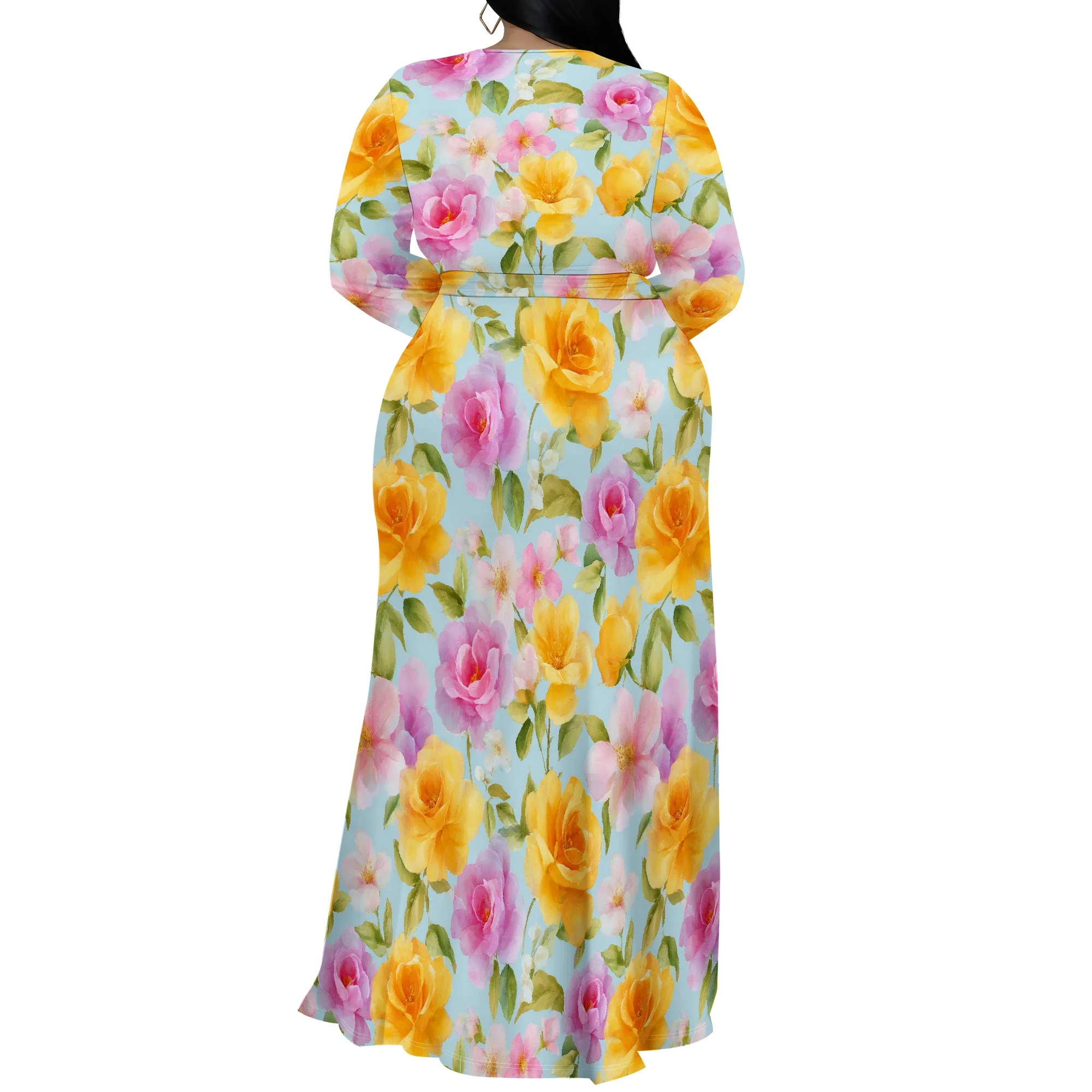 Plus Size Dresses for Women Floral Print Maxi Dress Slit Flowy 3/4 Sleeve with Belt