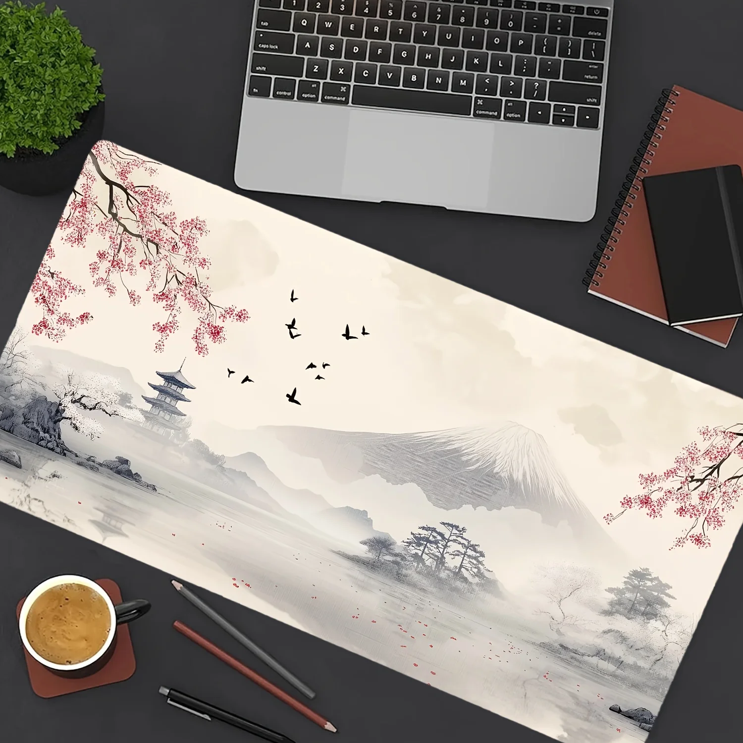 Japanese Mount Fuji Large Mouse Pad,Cherry Blossom and Pavilion Design,Ultra-Smooth Keyboard Mat, Stitched Edges, XXL Gaming Mat