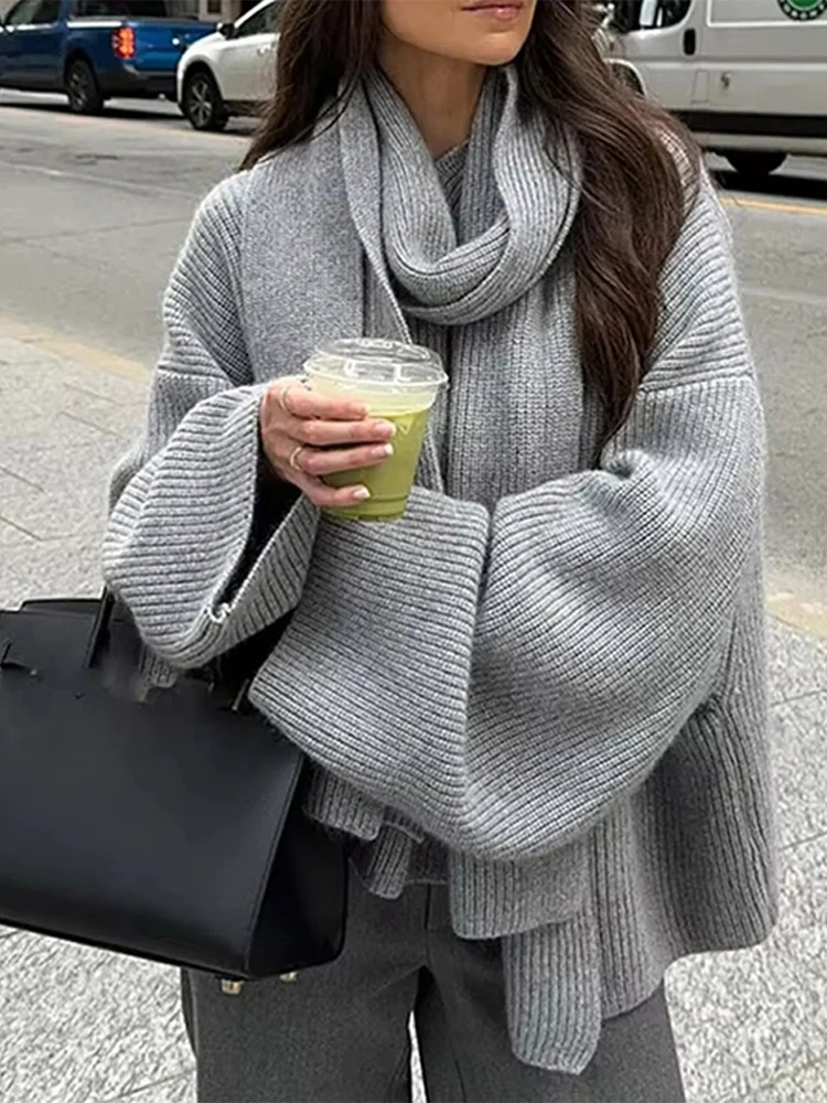 Casual Knit Pullover Women Loose Round Neck Long Sleeves Detachable Scarf Sweater Female 2024 Autumn Fashion Solid Knitwears