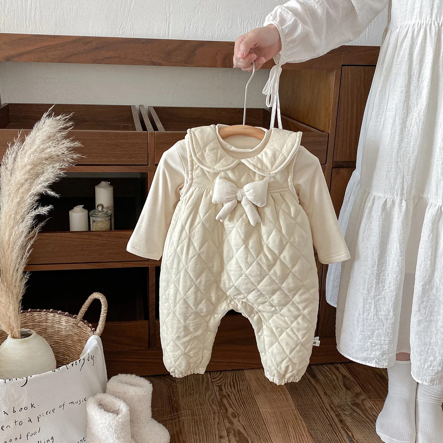 ensemble-deux-pieces-pour-bebe-fille-col-peter-pan-avec-nœud-papillon-epais-barboteuse-chemise-solide-et-chaude-pour-nouveau-ne-hiver-2025