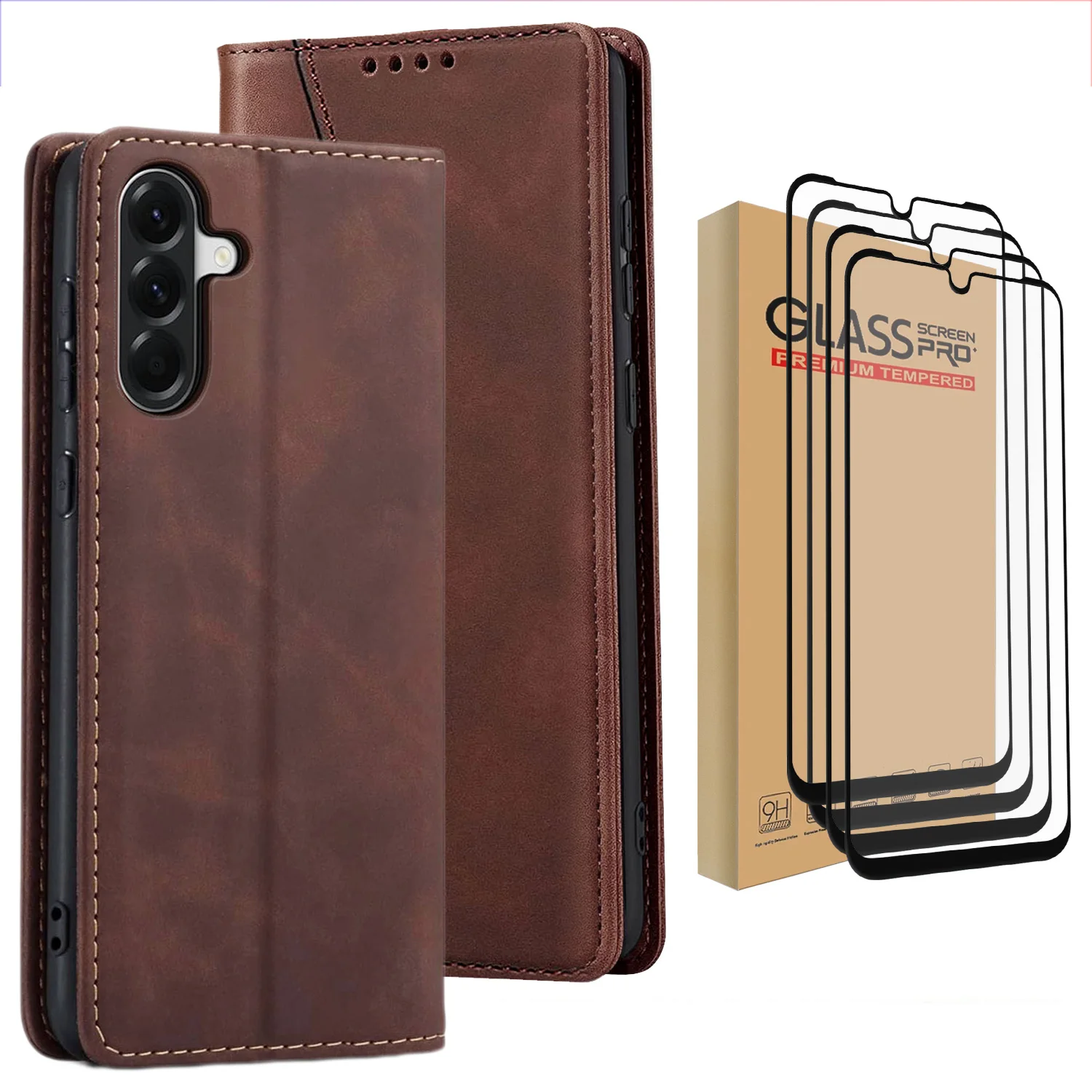

Brown Faux Leather Case For Samsung Galaxy A17 Flip Card Slots Wallet Cover And 4pcs Clear Tempered Glass Screen Protectors