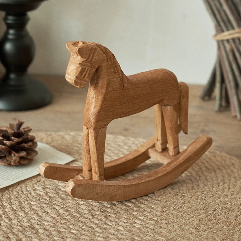 Wooden Crafts Rocking Horse Statue Balance Art Figurines Home Decor Kids Toys Small Horse Hand Carved Gifts Office Home Decor