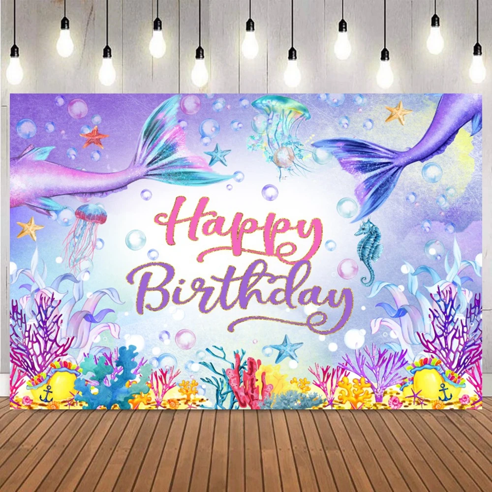 Mermaid Princess Backdrop Photography Baby Girl Birthday Party Decor Mermaid Tail Photocall Seabed Shell Photo Background Props