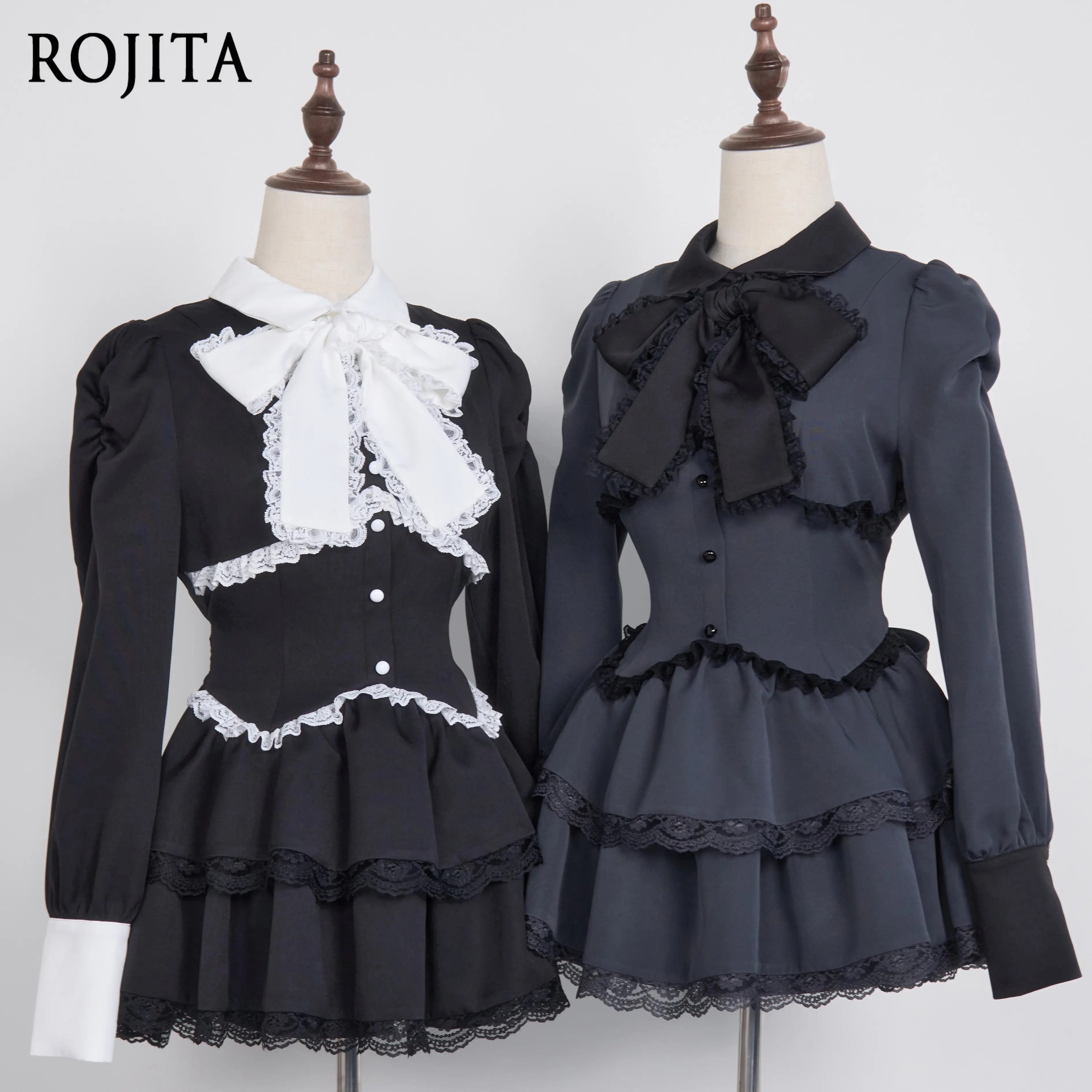 Gothic Sweet Black White Contrast Lolita Mini Dress White Lace Big Bow Puff Long Sleeve Tiered Lace Ruffle Short Dress