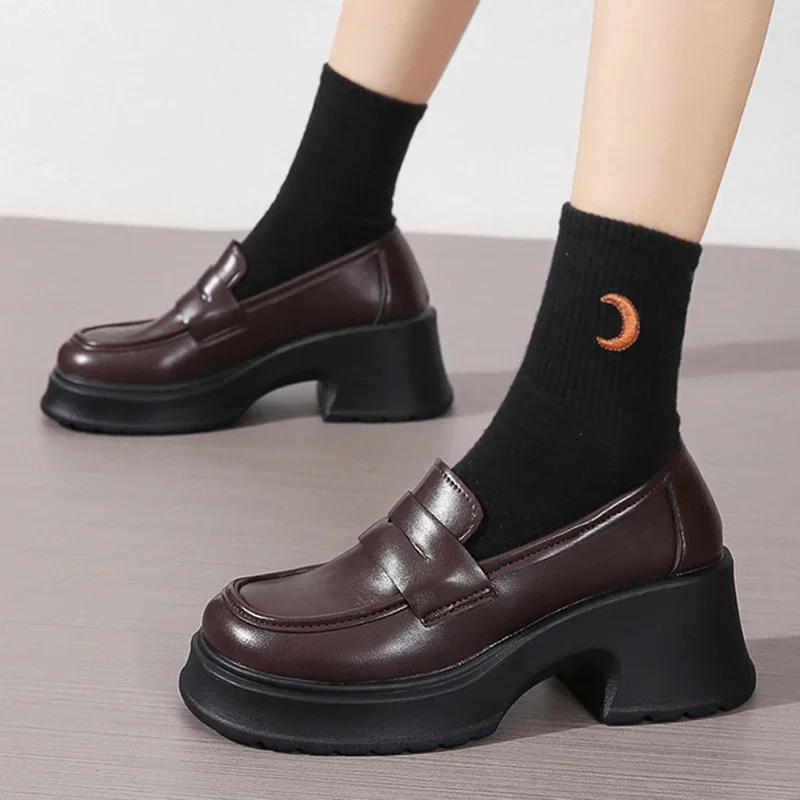 Lucyever-Mocassins à plateforme en cuir PU pour femmes, style britannique, chaussures Oxfords à talons optiques, chaussures à