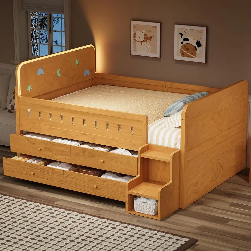

Storage Daybed with LED Board, Footboard, Safety Rails, and Stairs for Kids and Teens
