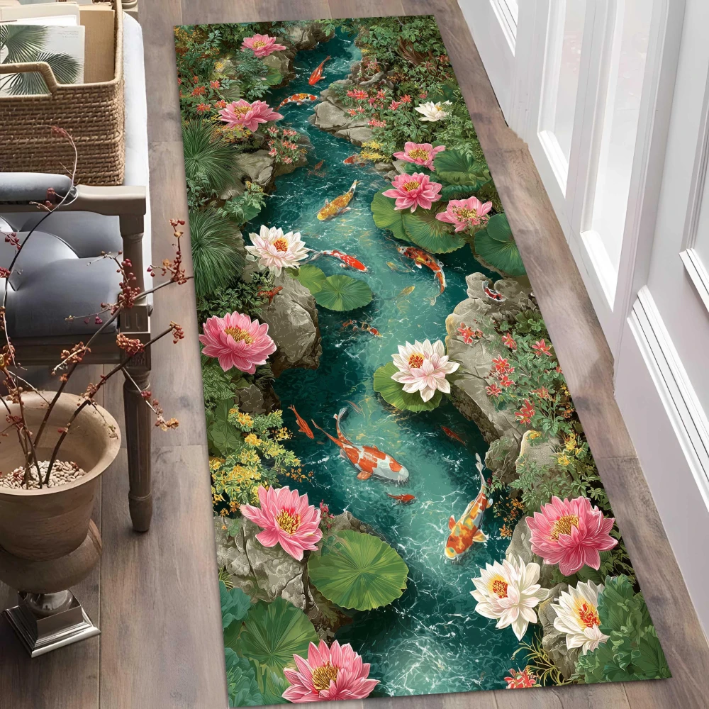 Home Bathroom Mats - 蓮鯉池グリーンロック自然風景ランナーラグ廊下エントリーホワイエサンルームヴィラキャビンランドリー洗えるマットギフト