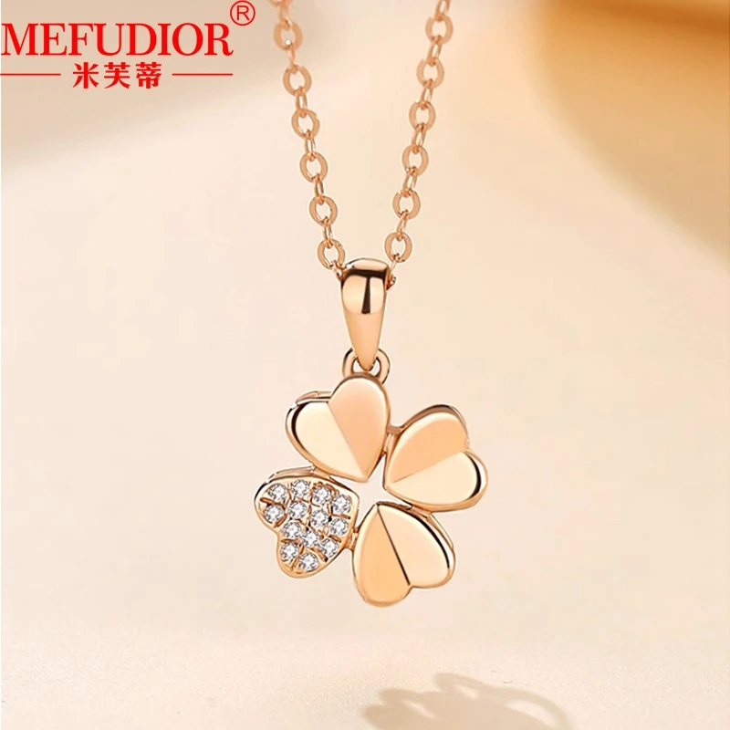 18K Rose Gold Four-leaf Flowers Pendant Moissanite Diamond Necklace 45cm Chain Length Luxury Jewelry Women Friend Birthday Gifts