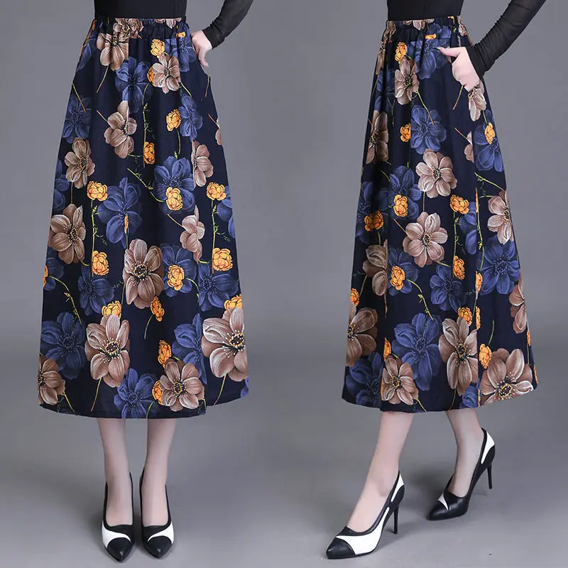 Cotton and Linen Skirt 2025 Spring and Summer Retro Printed Mid-Length Loose High Waist Slimming Bud Skirts Ladies