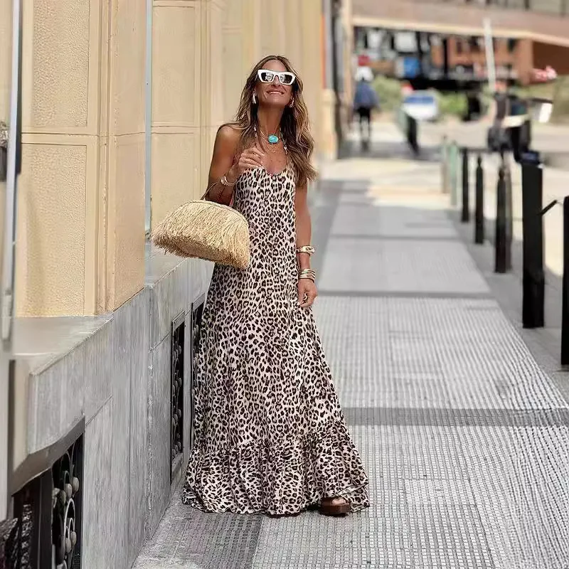 DSMTRC Leopard Print Long Dress Women Backless Loose Dress Woman Summer Sexy Holiday Dresses 2024 Vintage Maxi Party Dresses