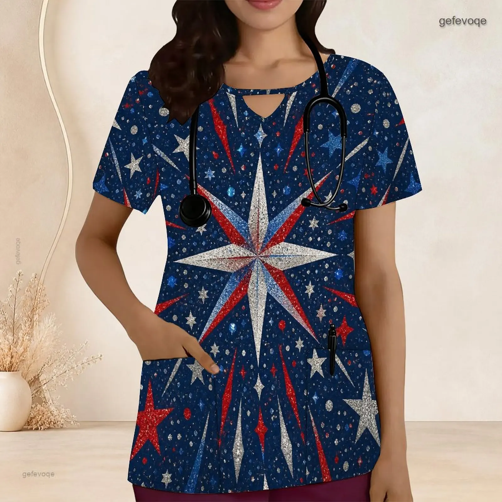 Printed Scrub Top for Women Keyhole Neck Short Sleeve Front Pockets