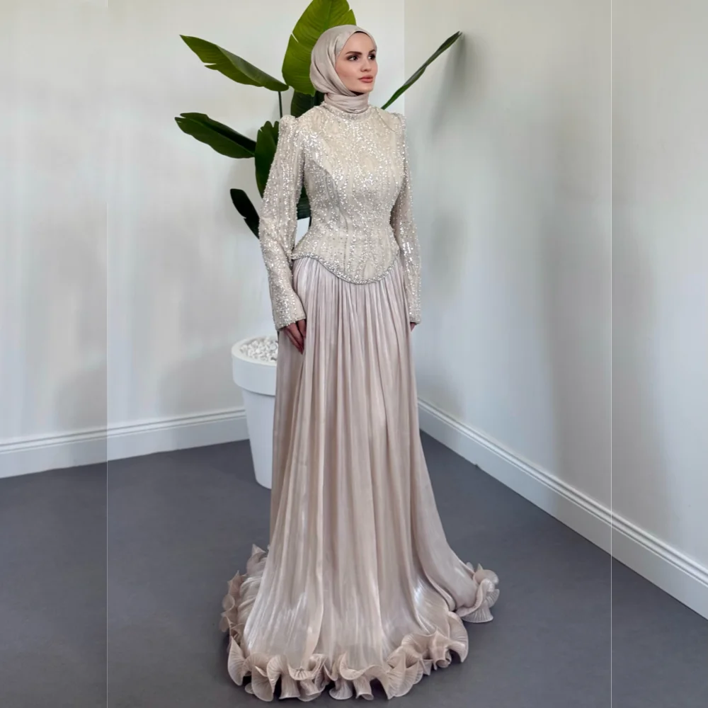 Maßgeschneidertes, luxuriöses, exquisites A-Linien-Abendkleid mit hohem Kragen und Glitzer für Bankett, Abschlussball, Hochzeit, Party, formelle Anlässe