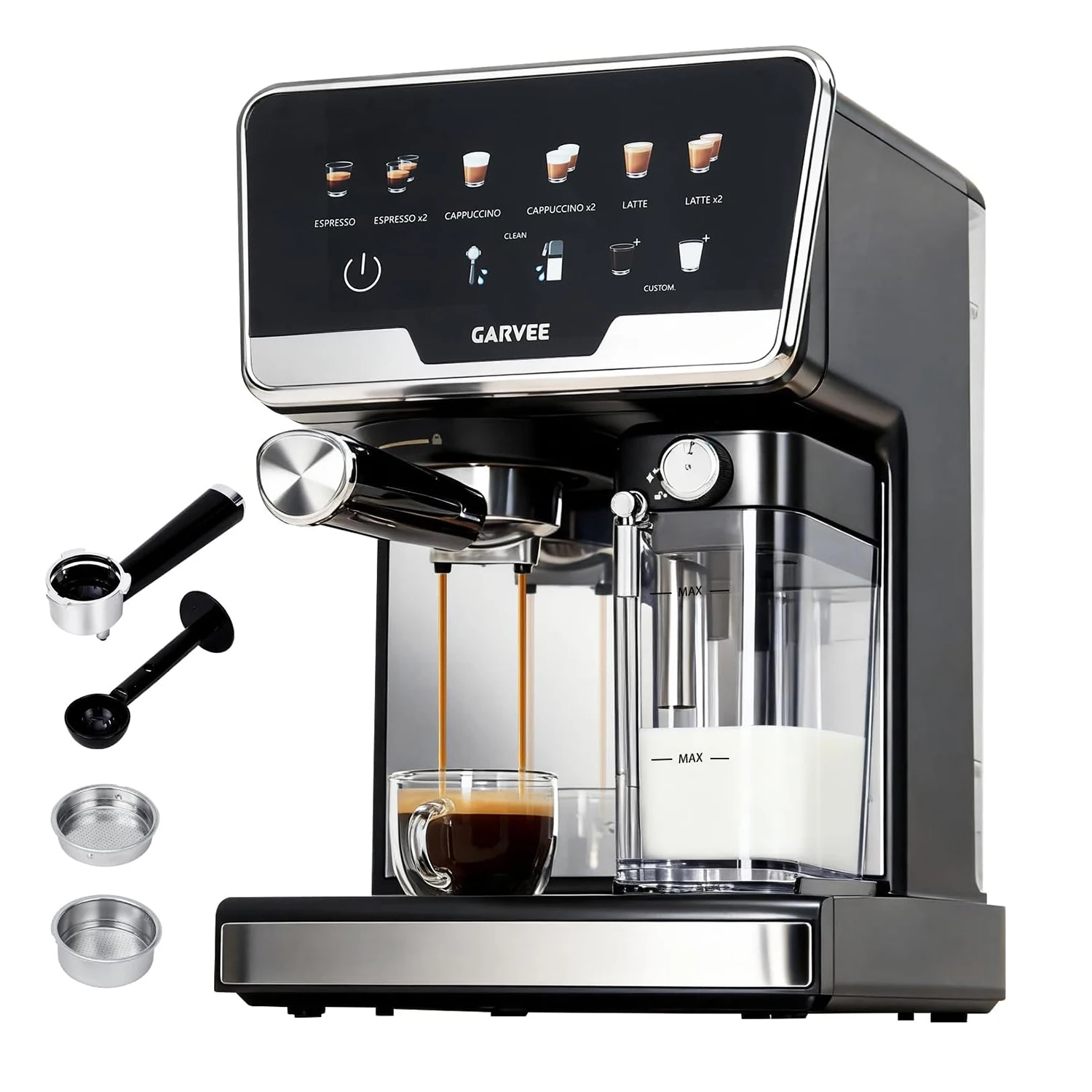 1450W Espressomaschine mit automatischem Milchaufschäumer & Selbstreinigungsfunktion, Touchscreen All-in-One-Kaffeemaschine, 6 Programme & Handmodus, für Espresso/Cappuccino/Latte, professionelle