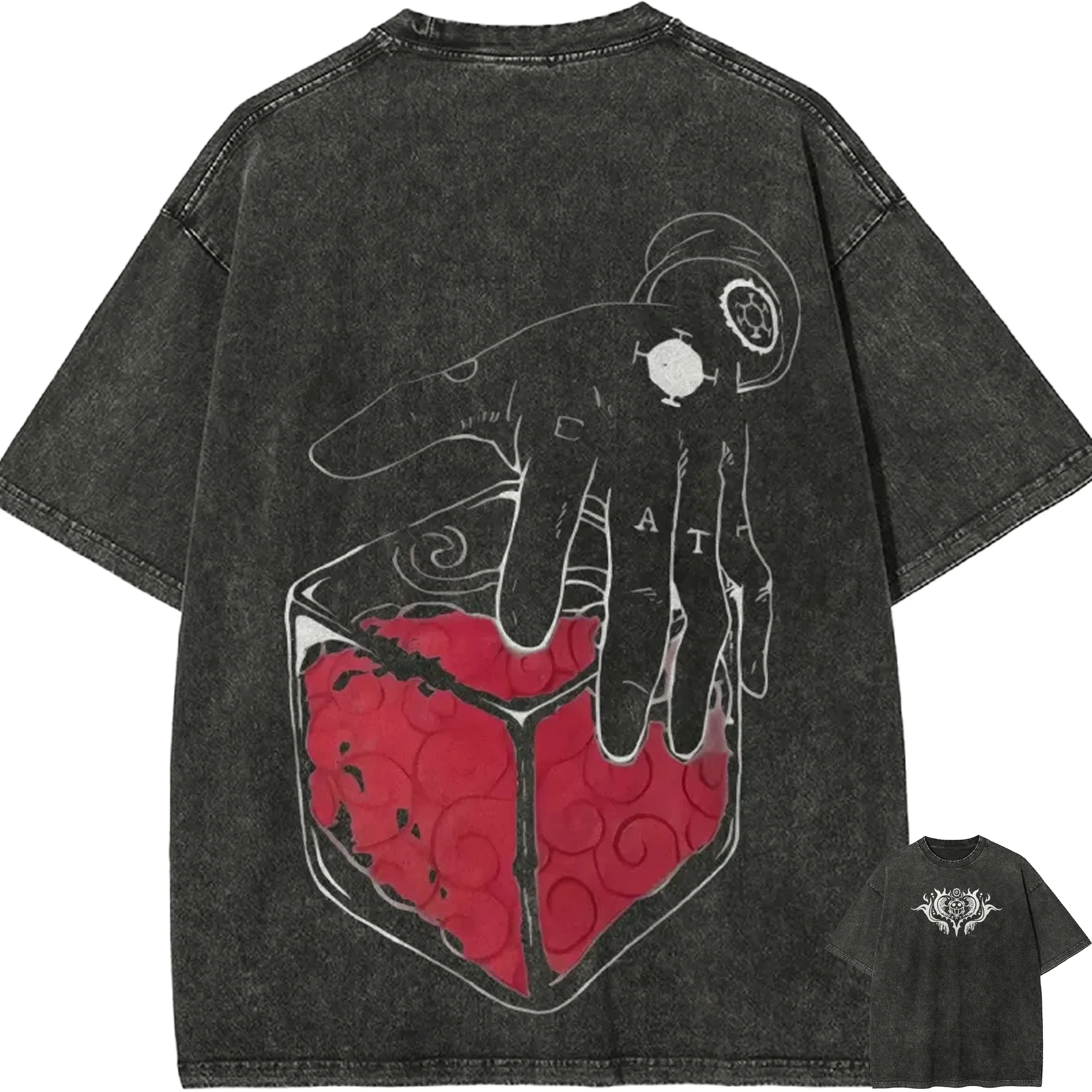 

Trafalgar Law T Shirt Men Acid Wash Anime One Piece Red Heart Graphic Cotton Vintage Gym Wear Room Surgeon of Death Print Tee