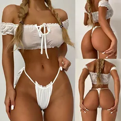 Porno Sexy Lngere Costumes Thong Transparent Lace Samese Perspectve Three-Pont Underwear Bikini Set Erotc Pajama Adult Products