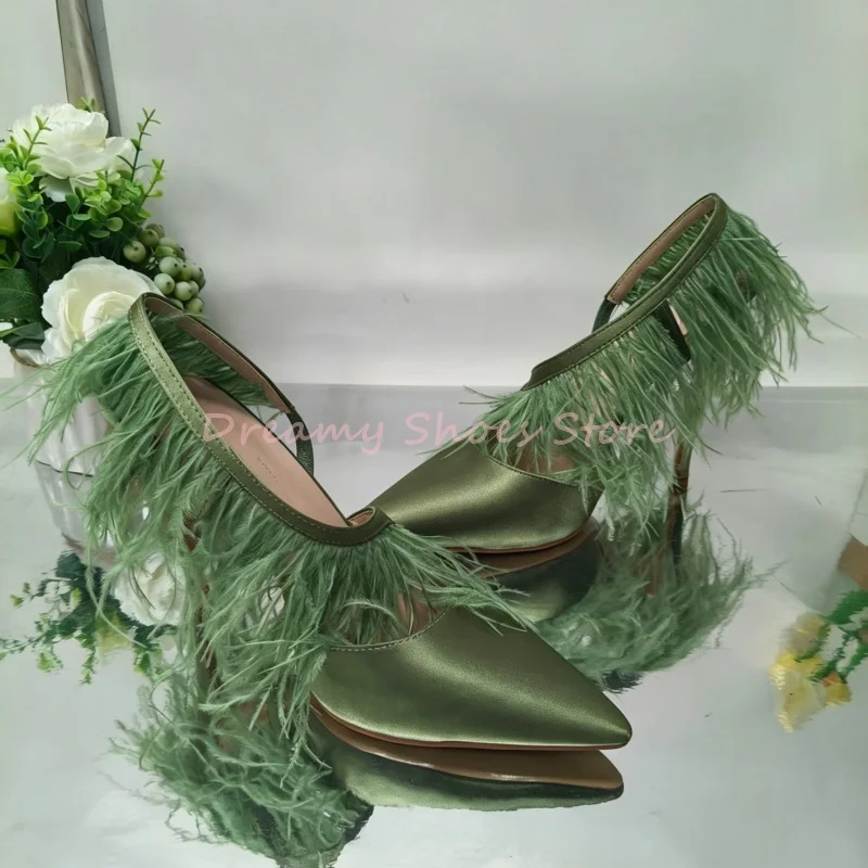 Green Satin Fluffy Feather Back Strap Thin Heel Sandals Women Pointed Toe Slip On Pumps Elegant Fashion Party Banquet Shoes 2026