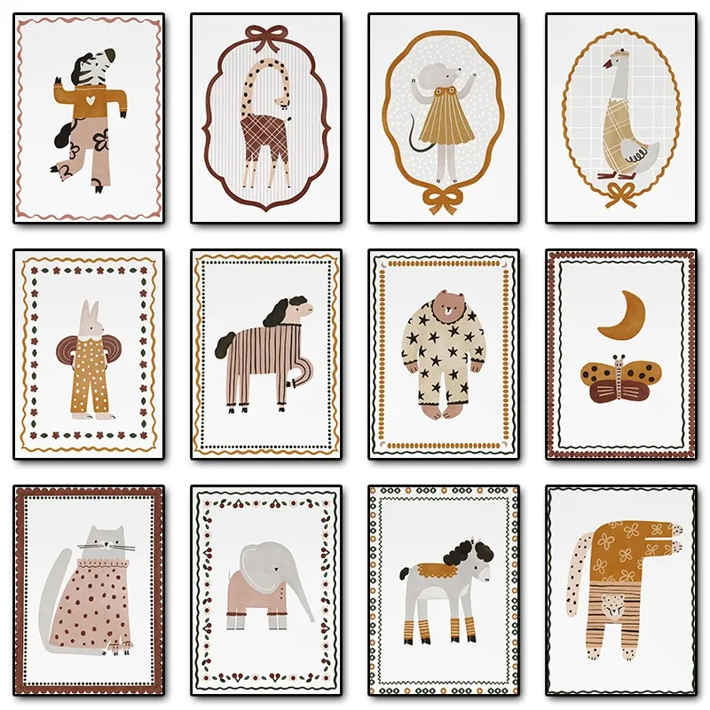 (2D Canvas Painting)  Cute Animals Elephant Horse Bunny Cat Poster Boho Nursery Canvas Printing Neutral Wall Art Picture for