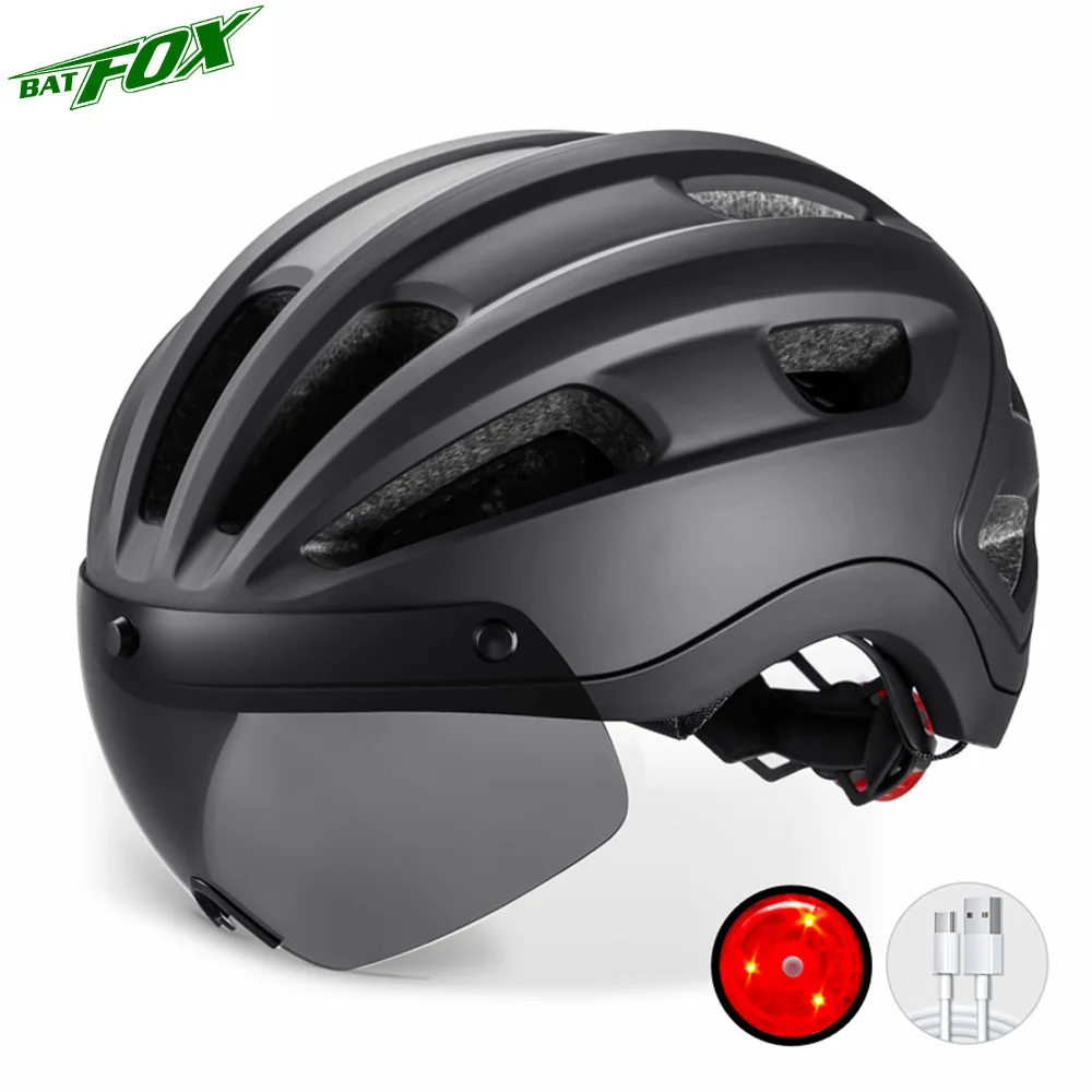 

BAT FOX M/L Size LED Bike Helmet With Goggle Rechargeable LED Men Bicycle Helmet Sunglasses Shield Road MTB Cycling Helmets