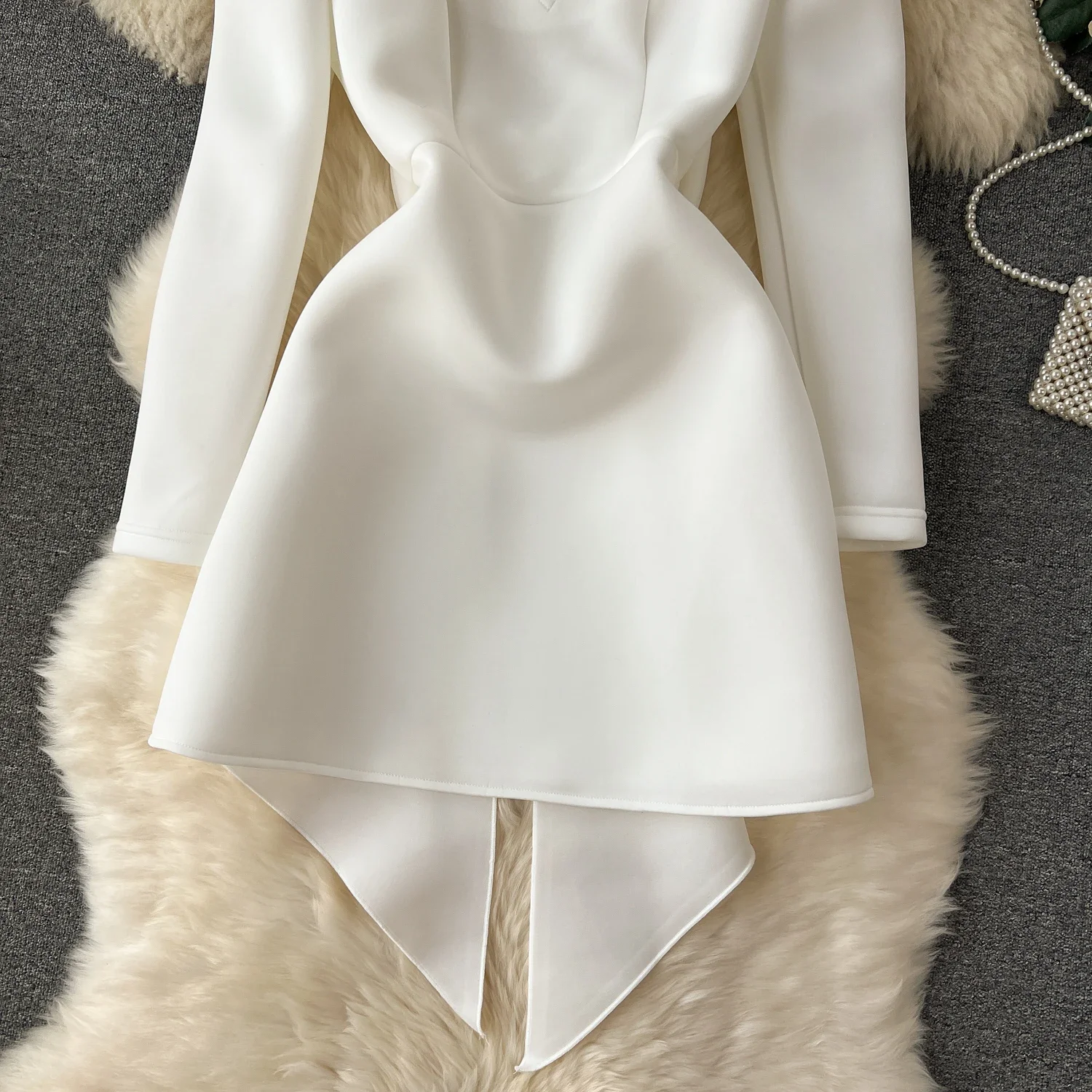 White Wedding Dress For Women Hollowed Out Backless Bow Decoration Short Dresses Waist Cinched Bubble Long Sleeve Fall Dress