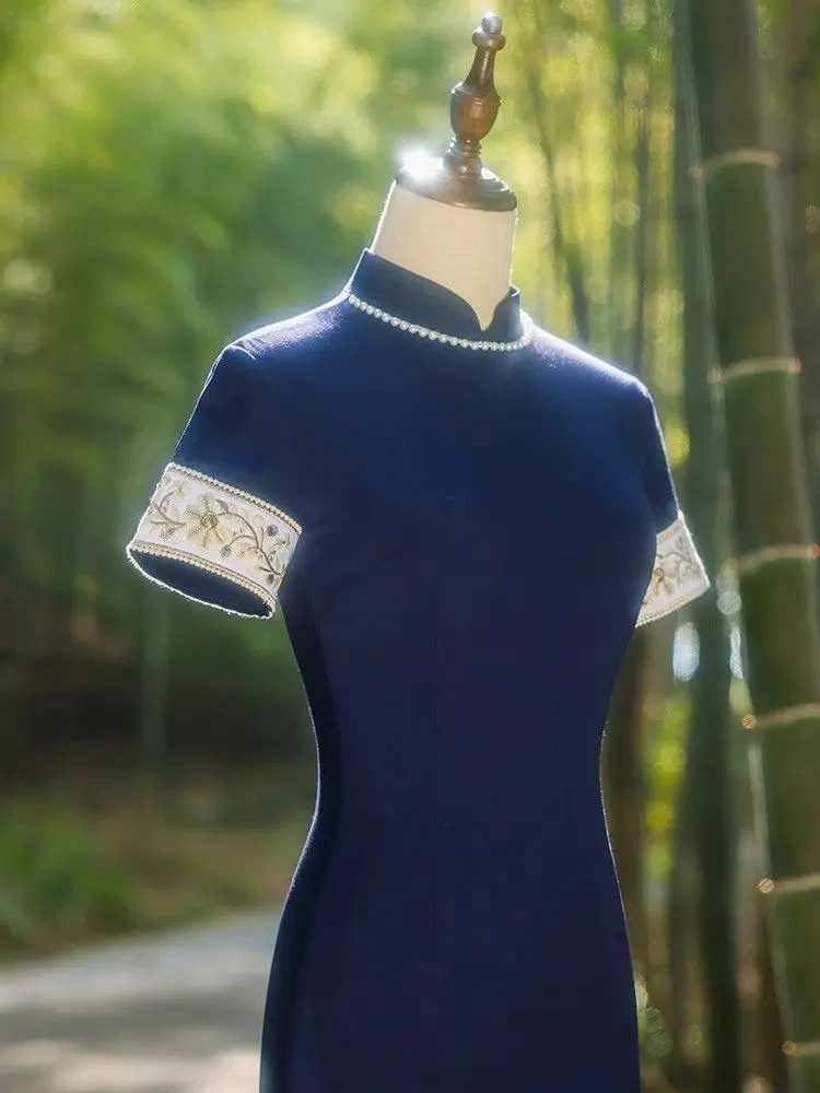 Petite Blue Qipao Dress, Modern Chinese Cheongsam, Slim Fit Retro Design Daily Elegant Wear Quigao Cicpao Long Dress
