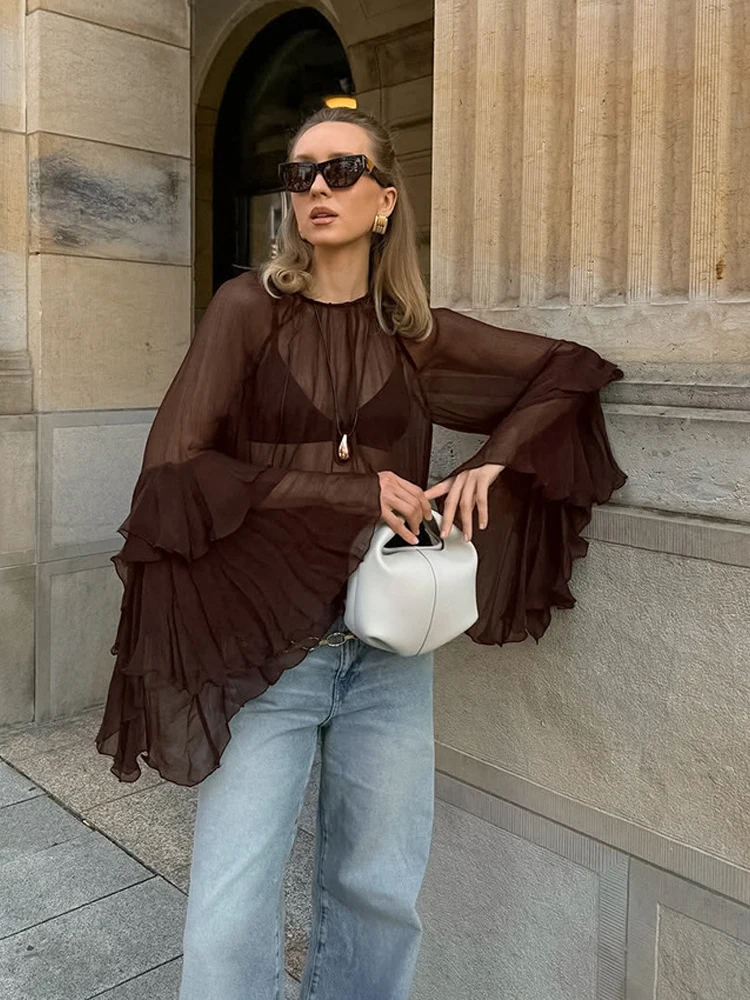 

Chic Brown See Through Chiffon Shirt Women's Elegant Round Neck Flared Sleeves Layered Loose Blouse 2026 Lady Daily Casual Wear