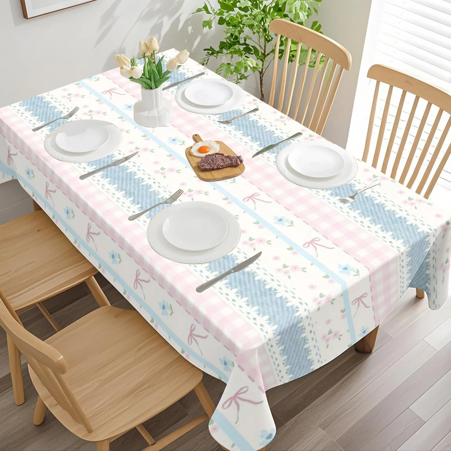 1 pc rectangular blue and pink lace tablecloth, polyester rectangular tablecloth - perfect holiday home decoration items