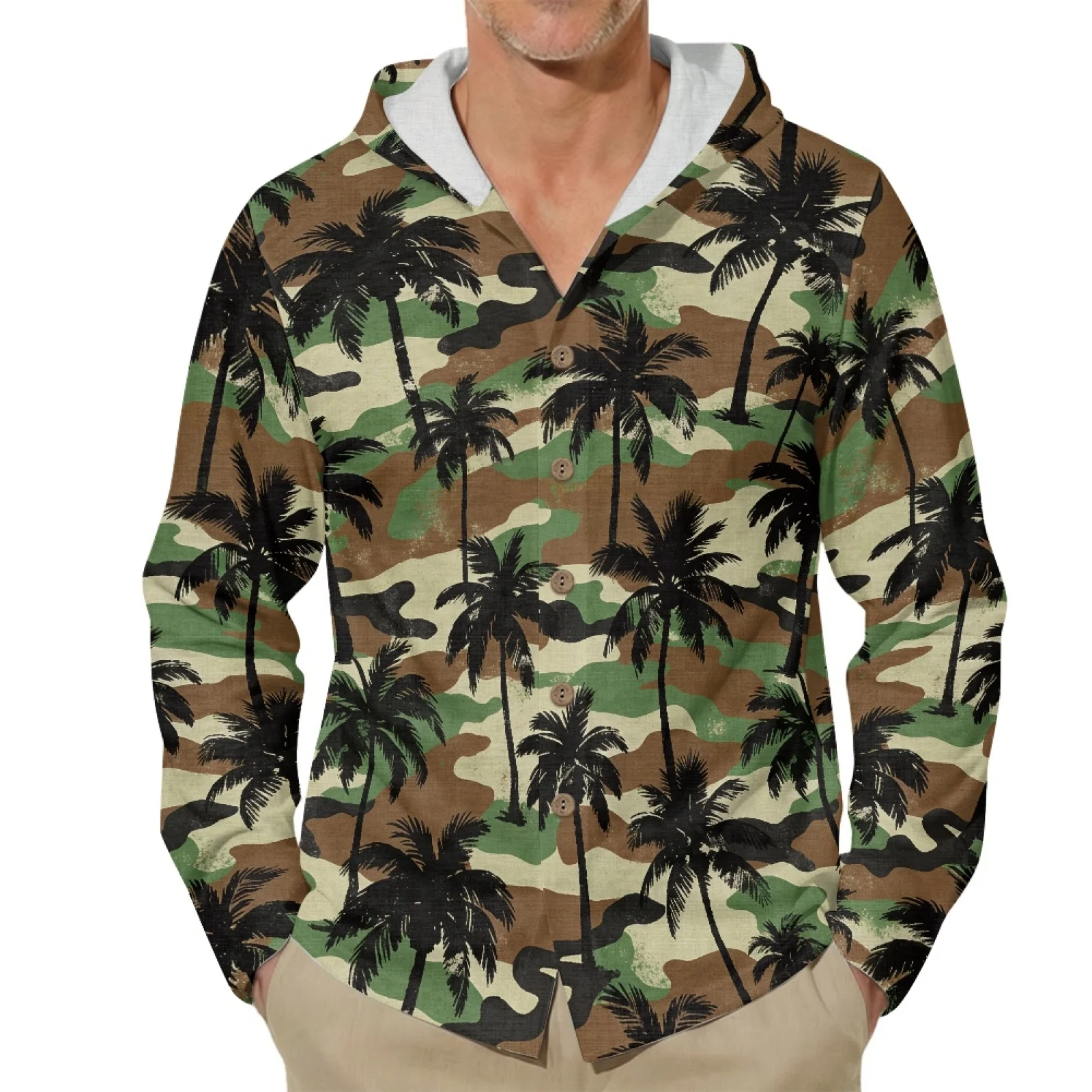 PENSTROLL Palm Tree Camo Linen Like Hoodie Tops Button Down Hooded Casual Hoodie for Men Size S-3XL