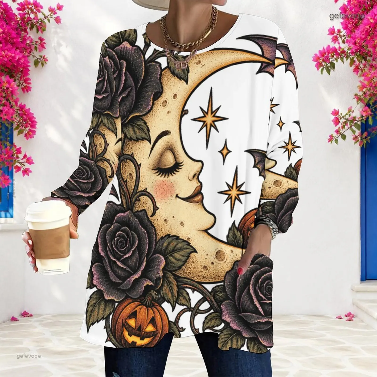 Women Abstract Light Bulb Book Geometric Print Round Neck Long Sleeve Loose Top with Pockets