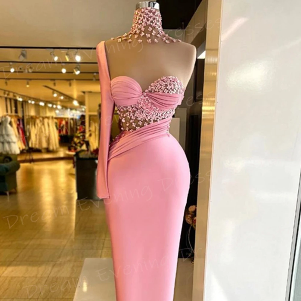 Arabia Beautiful Gentle Pink Women's Mermaid Modern Evening Dresses Charming Sexy One Shoulder Prom Gowns Beaded Vestidos Gala