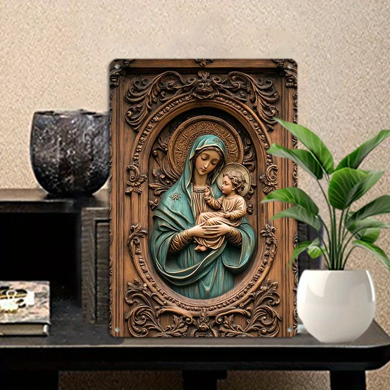 Aluminum Wall Art Decor Set, Mary and Jesus Embossed Metal Tin Sign | Premium Textured Finish | Pre-Drilled Weather-Resistant