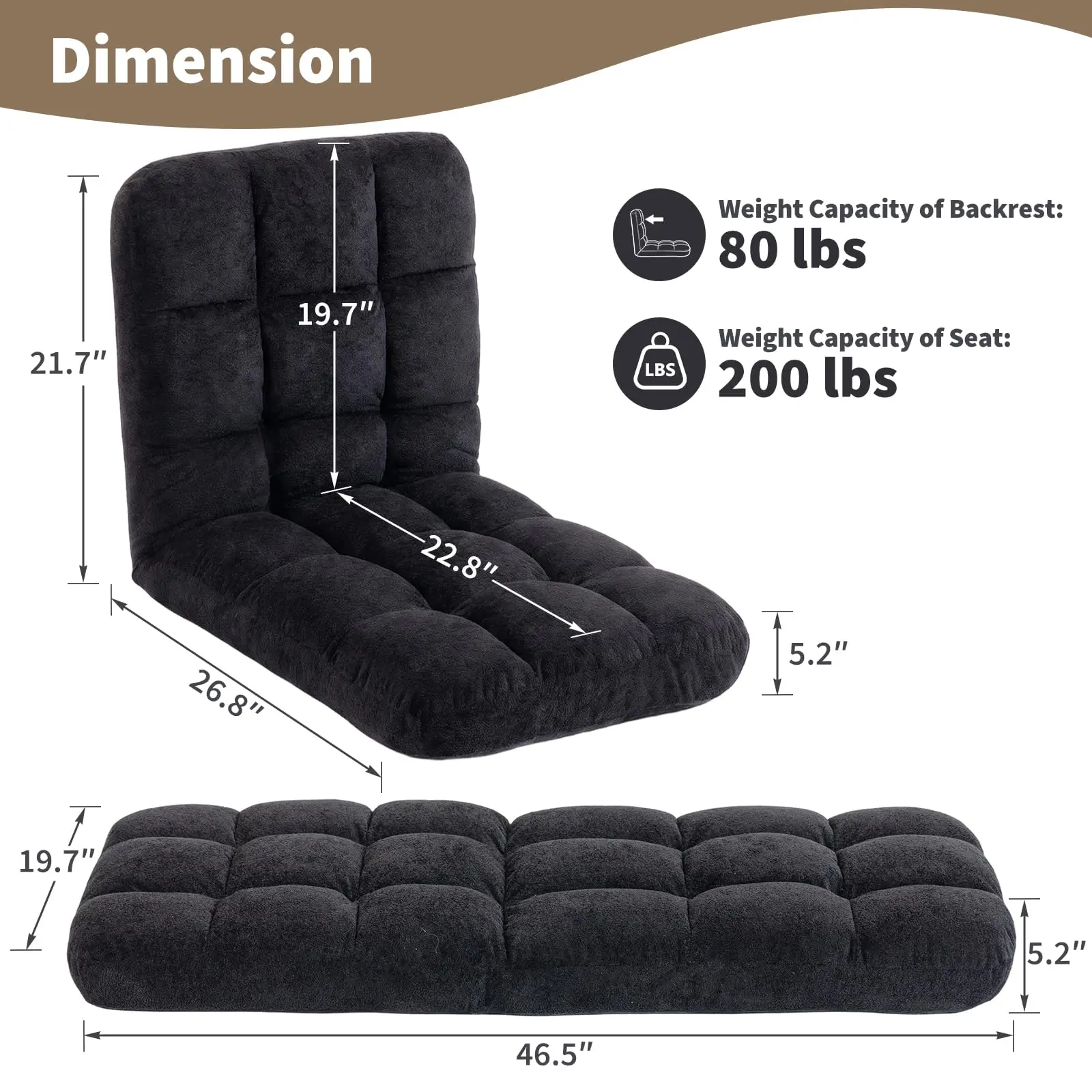 Foldable Floor Chair with 5 Adjustable Positions and Sturdy Steel Frame, Cozy Lounge Sofa for Reading Gaming Meditation, Black/Blue/Gray/Dark Gray/Pink/Purple/Khaki