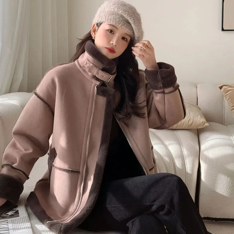 Lamb Wool Jacket Women Short Outwear Autumn Winter 2024 New Fur One Short Bike Clothing Fashion Loose Stitching Warm Parker Coat