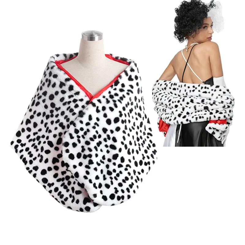 Women's Cruella Deville 6 Pieces Short Dalmatian Print Shawl Red Gloves Pearl Necklace Halloween Costume