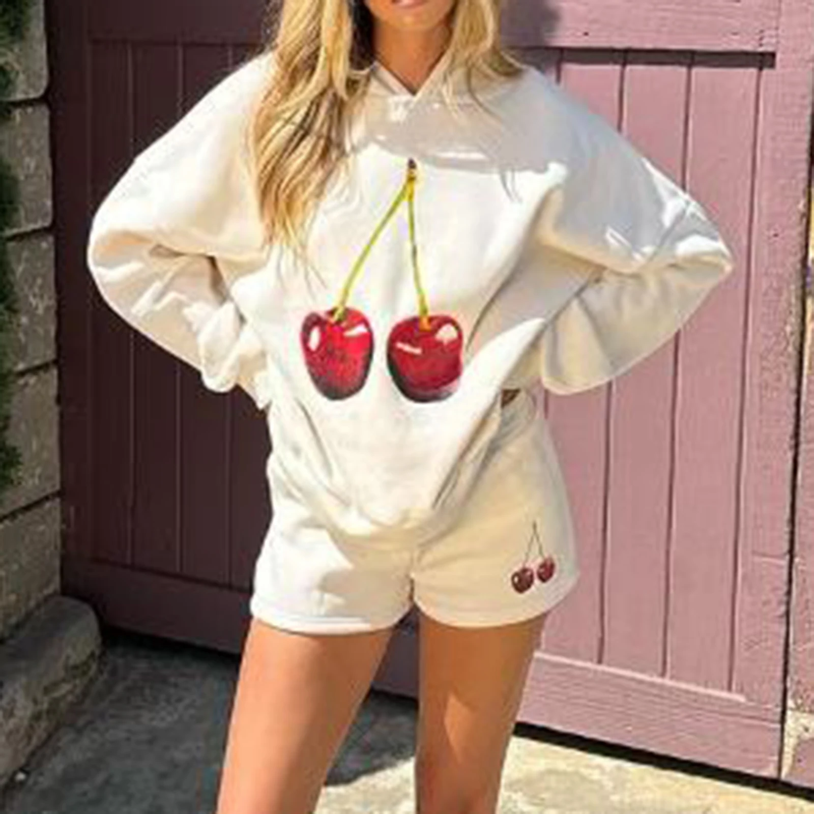 2024 Fashion Women's Hoodie Long Sleeve Cherry Print Hooded Sweatshirts Pullover Fall Casual Hoodies Tops