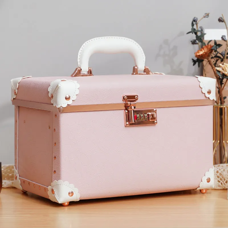 

New trendy vintage makeup case popular password lock handbag large double-layer beauty suitcase travel storage luggage box
