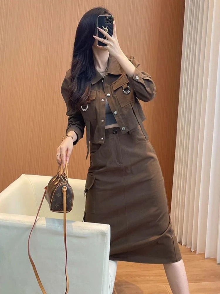 

Cowboy workwear two-piece set women's spring and autumn new solid color short style jacket+straight tube slimming half skirt