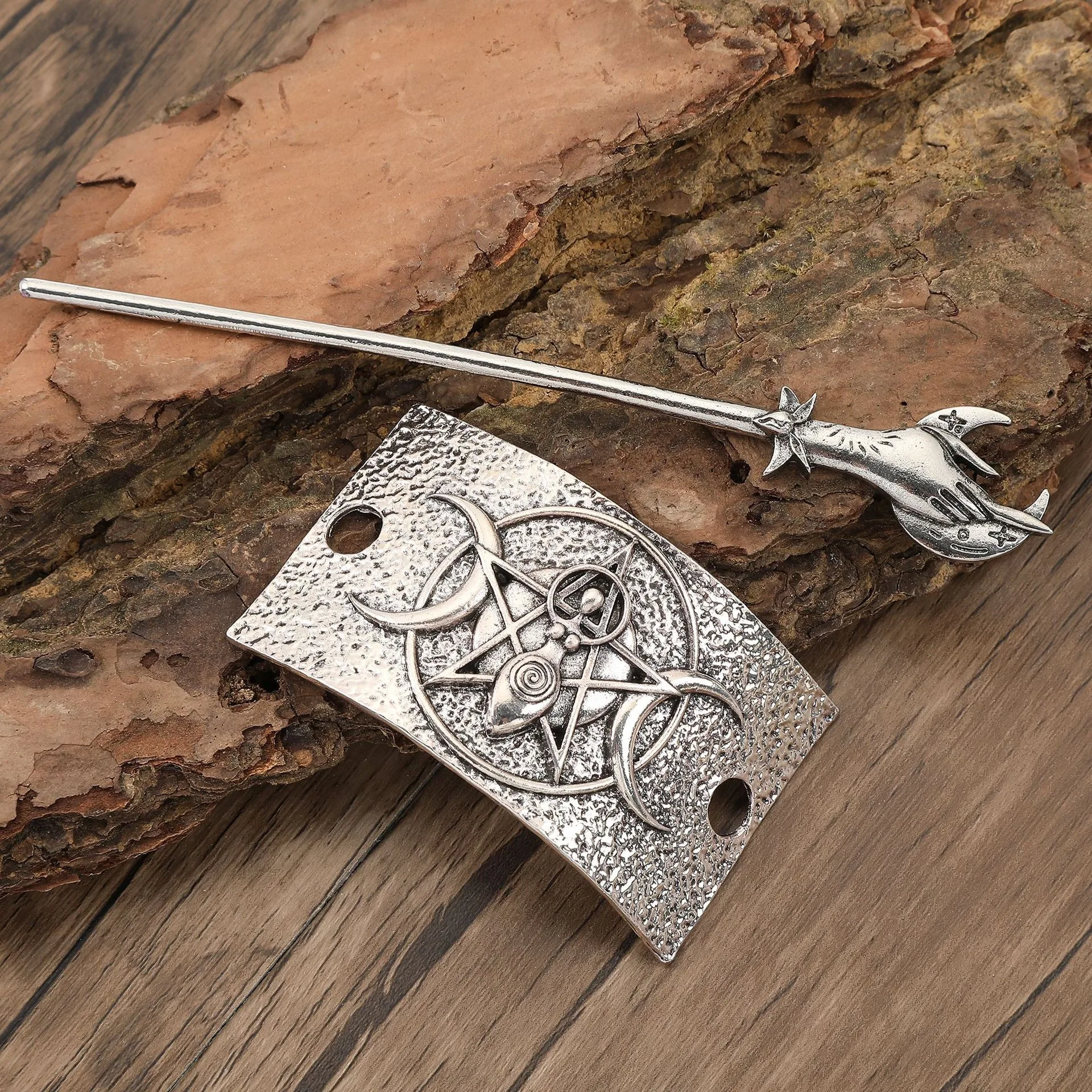 باطني الخماسي دبوس الشعر مزدوج الهلال الطوطم القوطية الرجعية الزي الراقية الزخرفية خمر الملمس مناسبة للشعر المستديرة #3