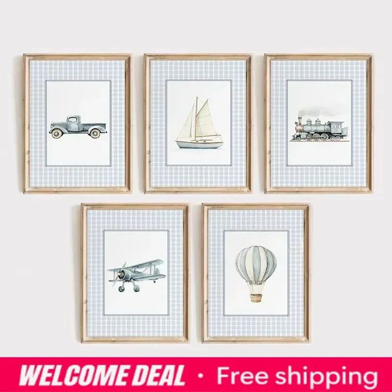 Vintage Travel Transportation Hot Air Balloon Boat Plane Train Nordic Poster Canvas Painting Wall Pictures Home Boy’s Room De