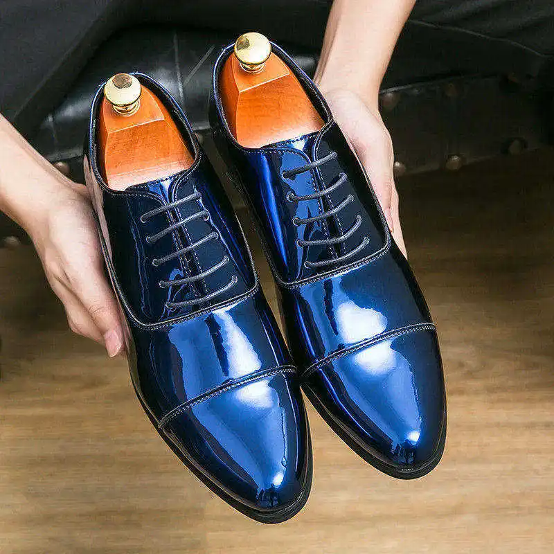 2023 Blue Elegant Men's Dress Shoes Luxury Shiny Leather Mens Heels Shoes Squared Pointed Toe Oxford Shoes for Wedding & Evening