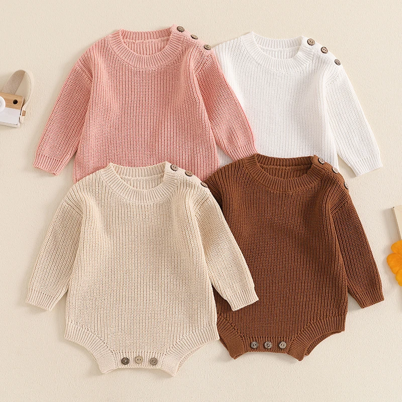 Baby Knit Romper, Long Sleeve Crew Neck Solid Bodysuit Winter Sweater for Casual Daily Soft Skin-friendly Comfy Baby Clothing