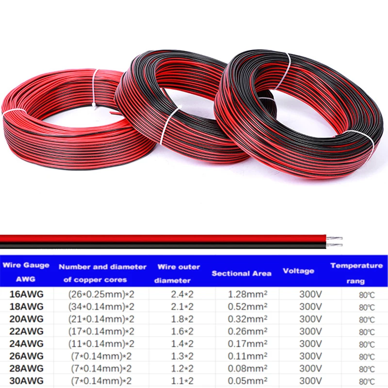 2-Pin Electrical Conductor Tinned Copper PVC Insulated Red-Black Cable For LED Strip Extension Cord 16 18 20 22 24 26 28 30AWG