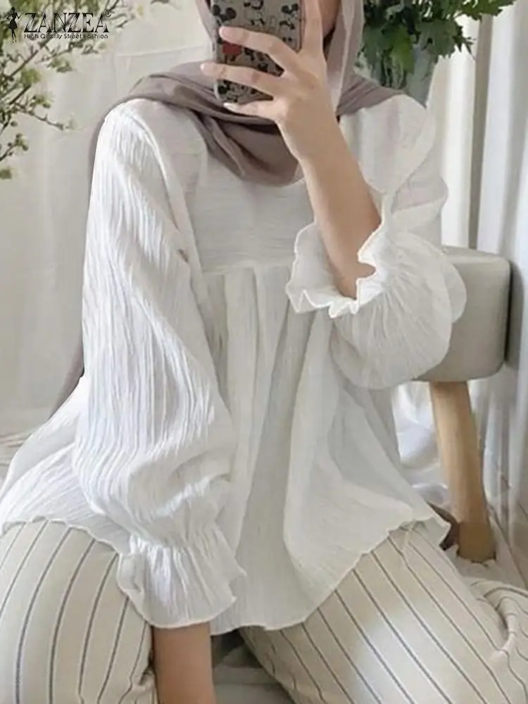 

ZANZEA Fashion Ruffles Muslim Blouse Woman Puff Sleeve O-Neck Tunic Tops Elegant Holiday Shirt Female Casual Islamic Clothing