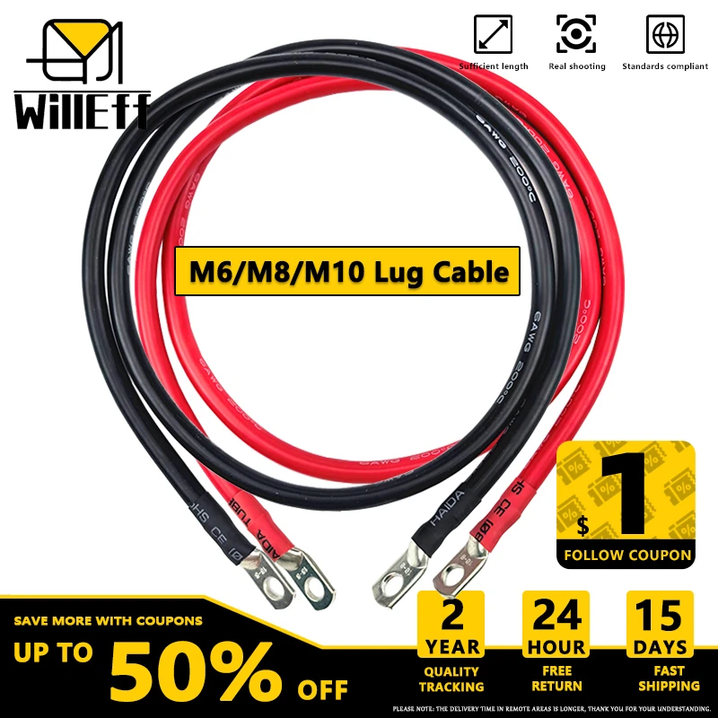 

Black and Red Lug Cable Auto Battery Cable Silicone Terminal wire Very soft M6 Cable M8 Cable M10 Cable 10 9 8 7 6 5 4 2 1 AWG