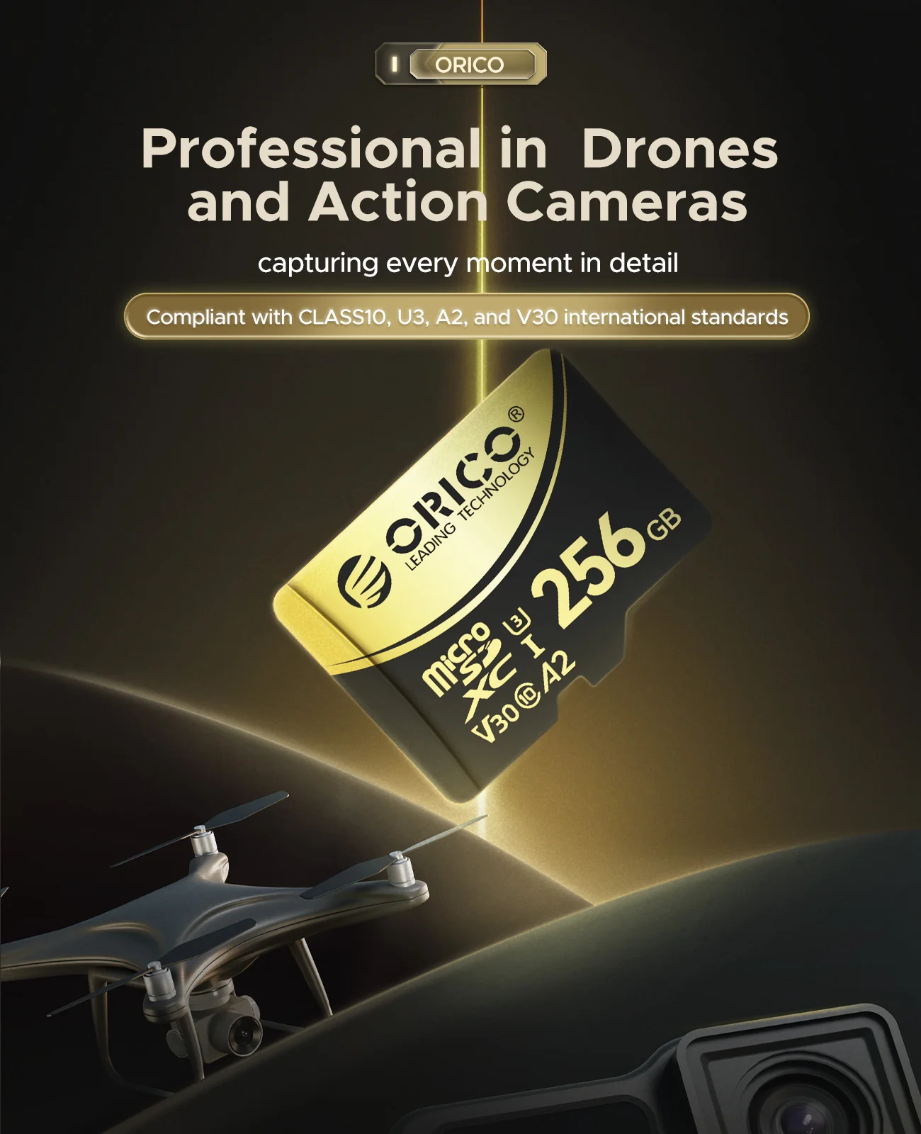 ORICO V3 256 GB microSDXC UHS-I-Speicherkarte, 180 MB/s, 160 MB/s lesen, 4K-UHD-Recodierung, U3, Class10, V30, A2, Micro SD für Drohne – Detail 3
