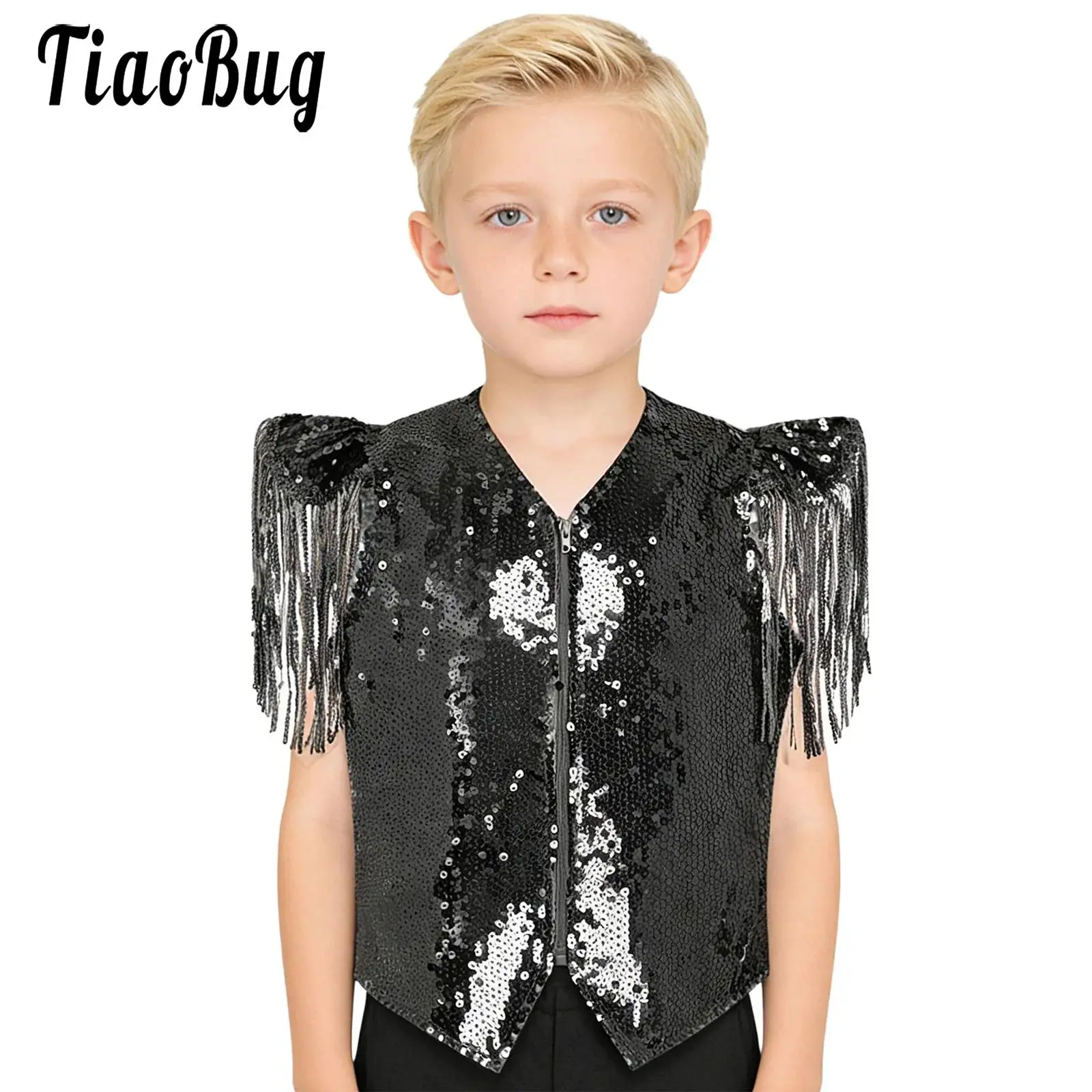 

Boys Girls Sequin Metallic Disco Jazz Vest Kids Sequined Tassels Cap Sleeves Zipper Waistcoat Team Choir Performance Costume Top