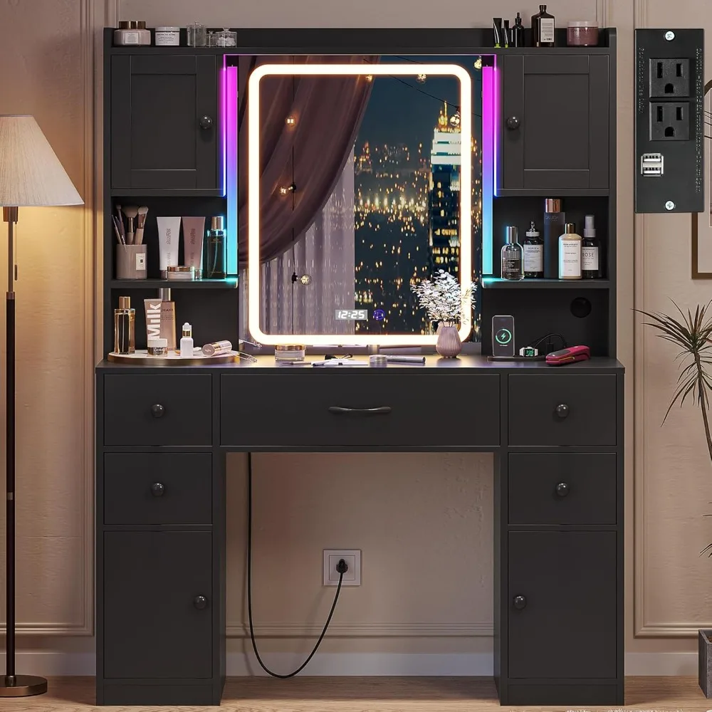 Large Makeup Vanity with Lights, LED Mirror with Digital Time Display & Power Outlet, RGB Ambient Light Vanity Desk