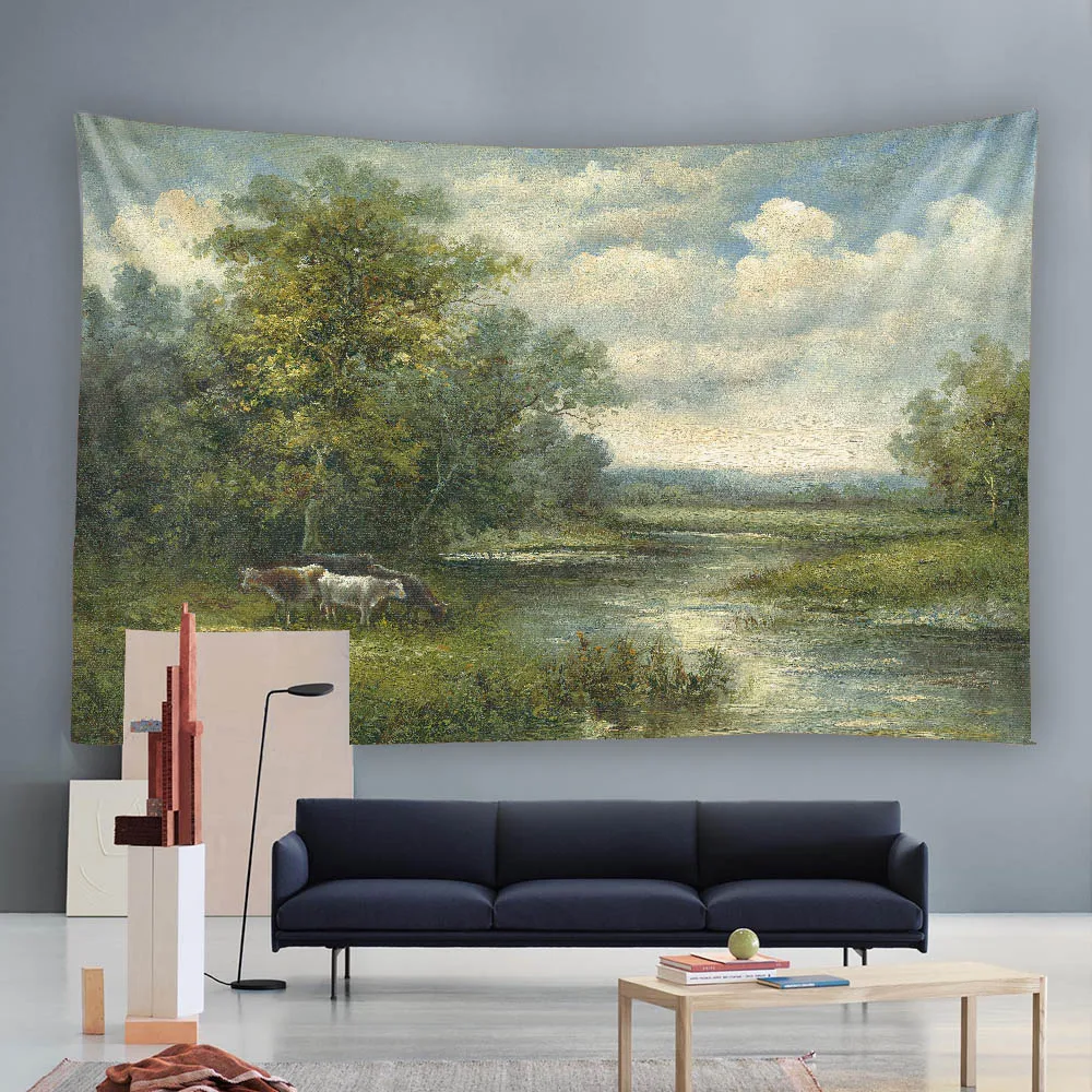 Rural scenery oil painting wall tapestry, retro oil painting, suitable for aesthetic wall decoration in bedrooms, living rooms 3