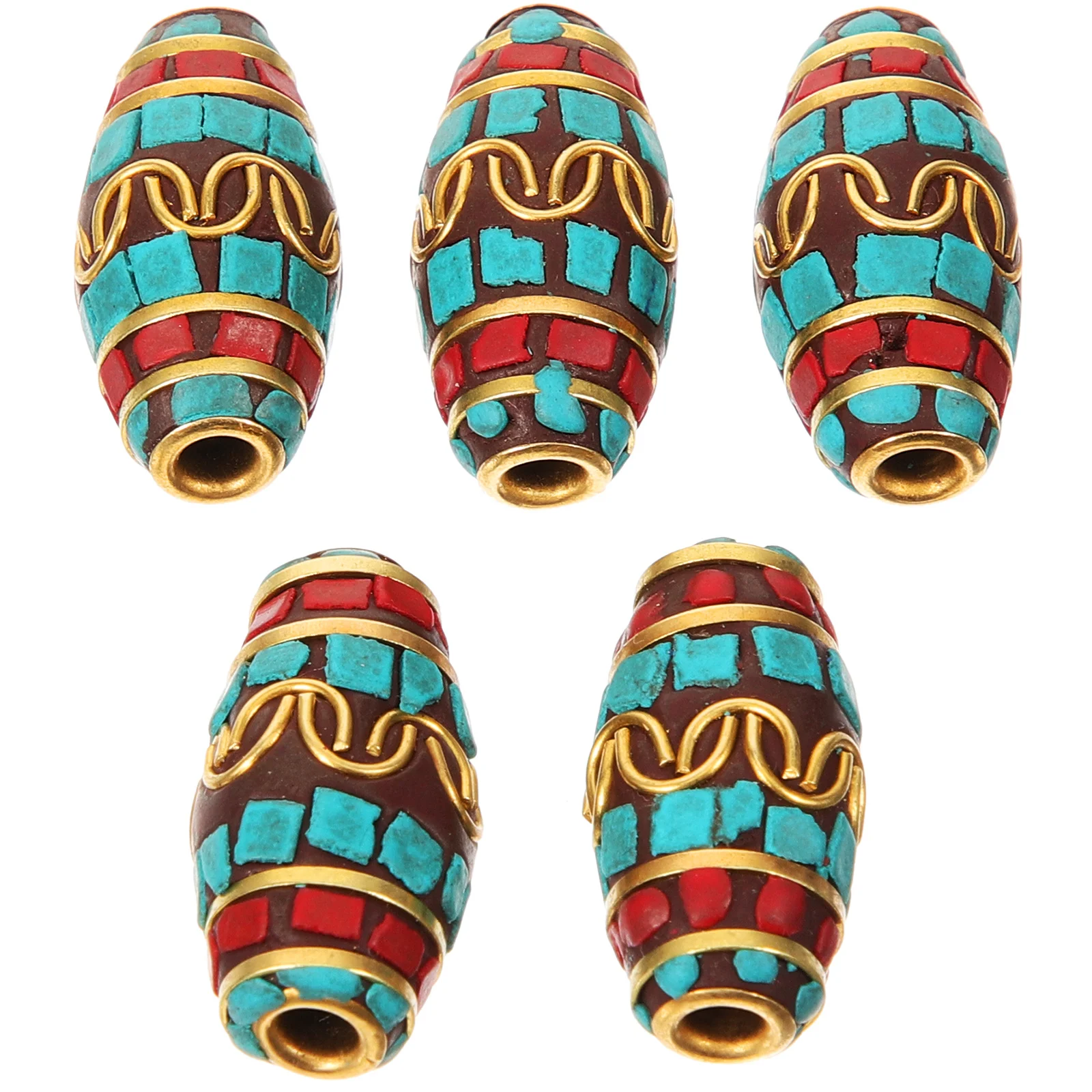 

5pcs Turquoise Inlay Beads Handmade Retro Copper Diy Beads For Jewelry Making Necklace Bracelet Tibetan Style Craft Decorations